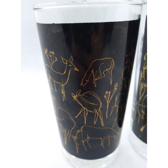 Vtg. Unique set of 2 MCM Deer Trees gold on black Clear high ball / tumblers - Picture 9 of 15